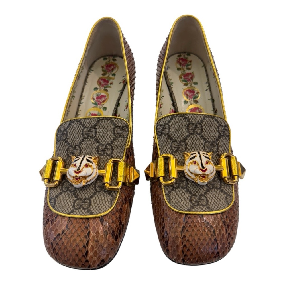Gucci Brown Python & GG Canvas heels with Yellow Trim and Gold Hardware